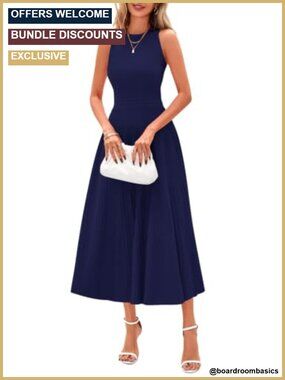Women's Summer Pleated Midi Work Dress Sleeveless A-Line Casual